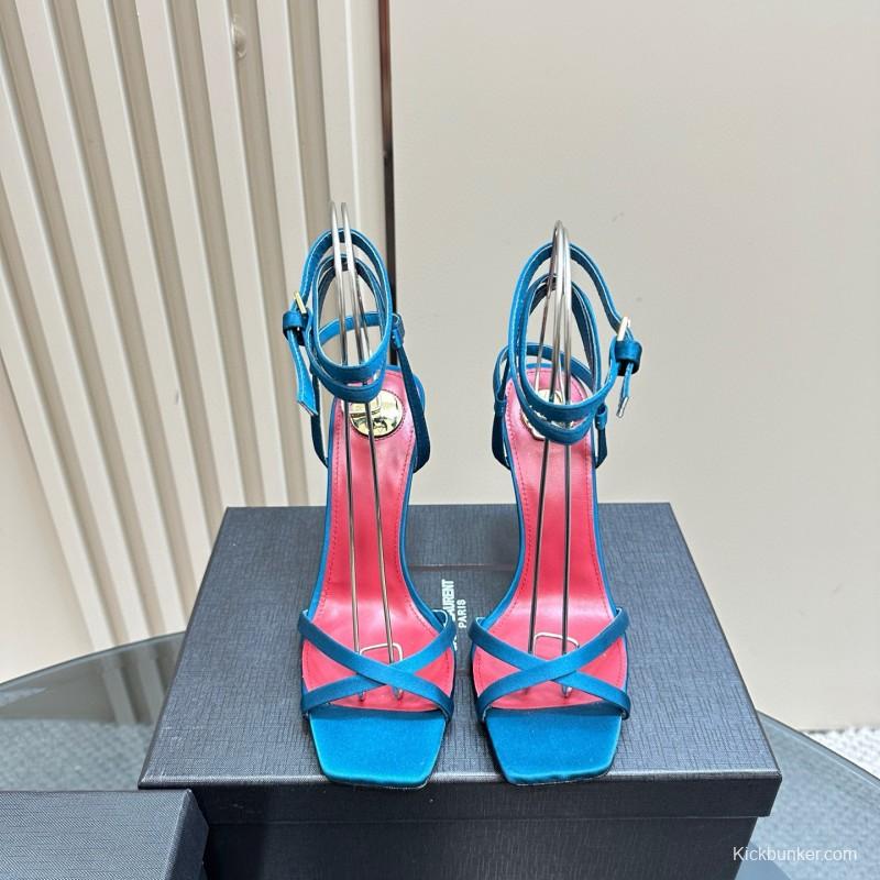 2025 Women Yves Saint Laurent Blue Satin Heeled Sandals MJ00290