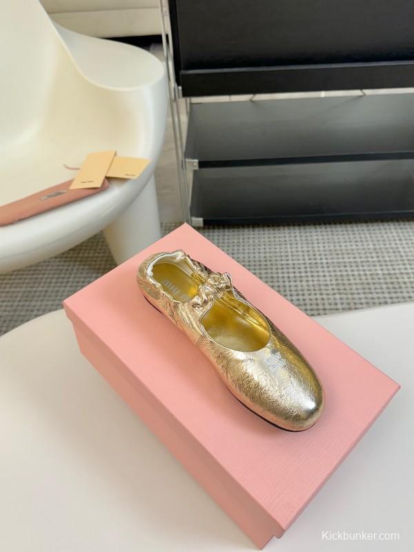 2025 Women Miu Miu Gold Leather Ballet Flats