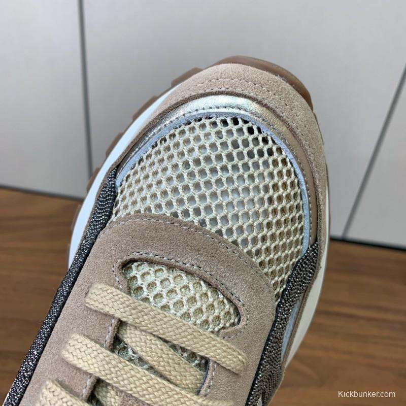 2025 Unisex Brunello Cucinelli Beige Black Mesh Suede Sneakers