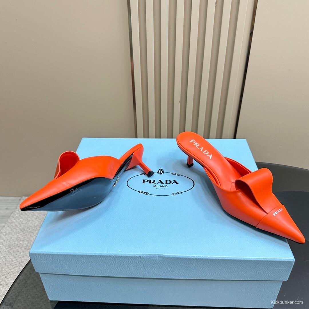 2025 Women Prada Orange Leather Pointed Toe Heels KFY00310