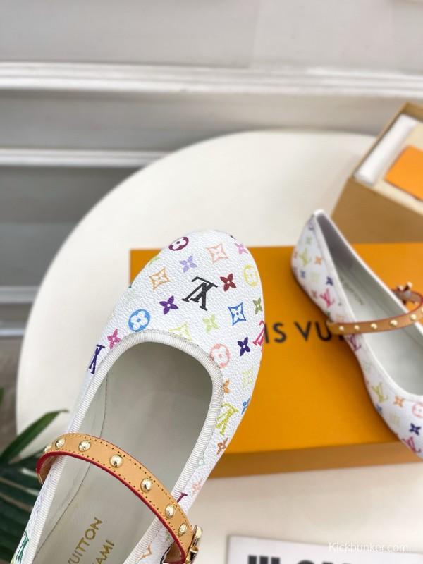 2025 Women Louis Vuitton White Multicolor Canvas Ballet Flat MJ00300