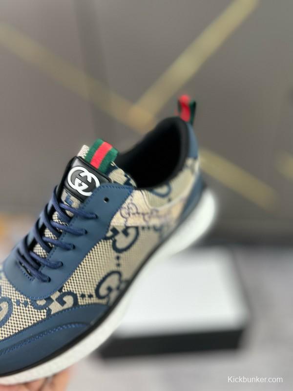 2024 Men Gucci Blue Beige Canvas Leather Sneaker MJ00260