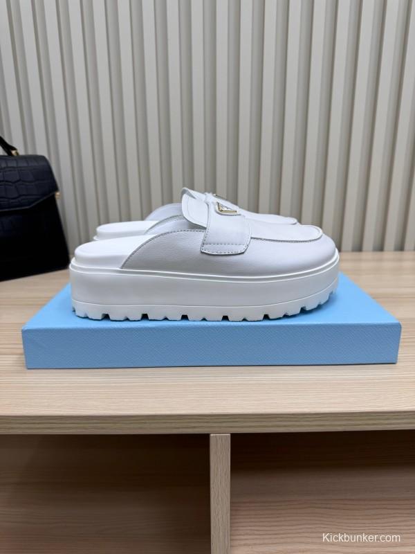 2025 Women Prada White Leather Slippers KFY00280