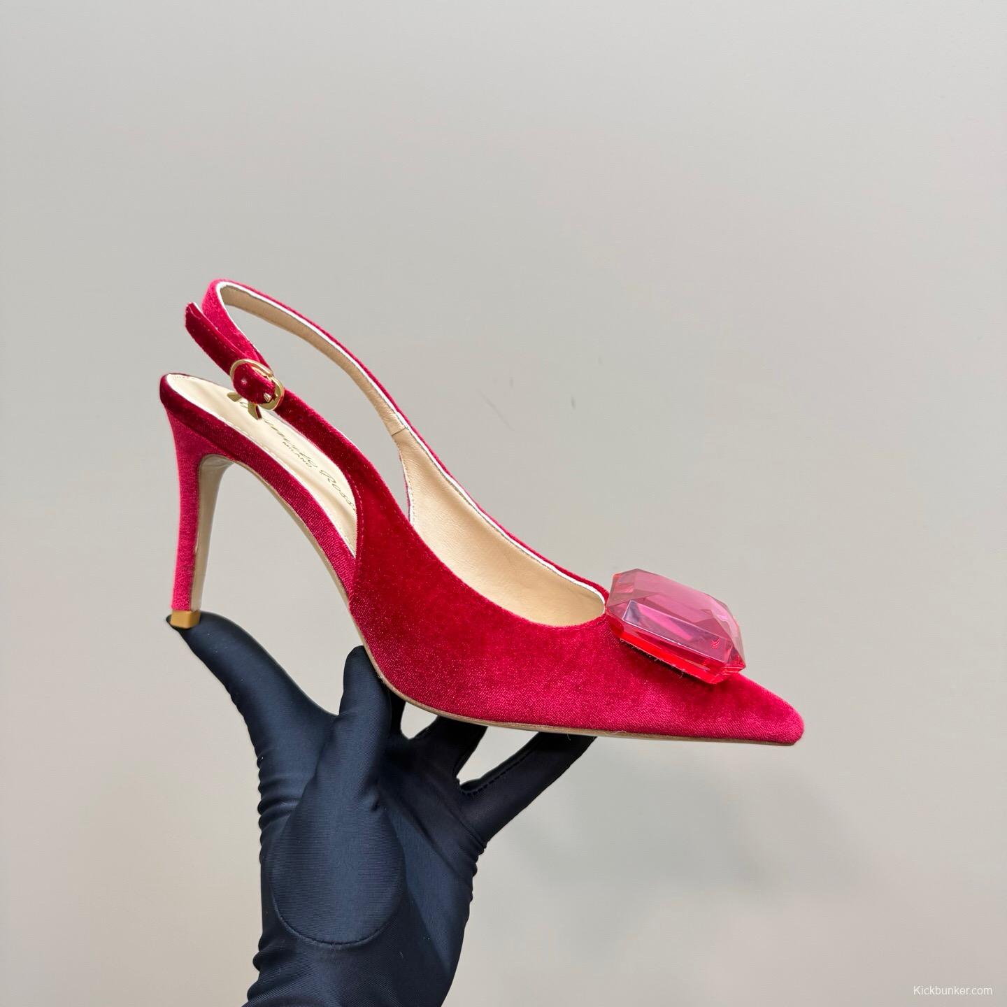 2025 Women Gianvito Rossi Red Velvet Slingback Pumps KFY00300