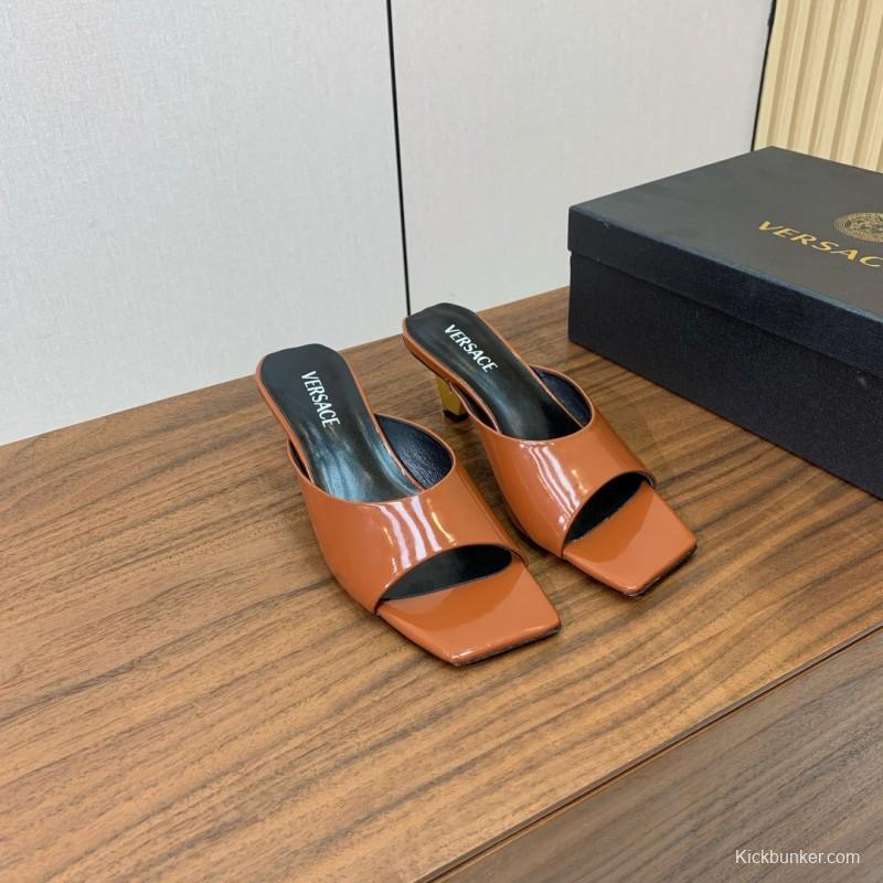 2025 Women VERSACE Brown Patent Leather Slippers