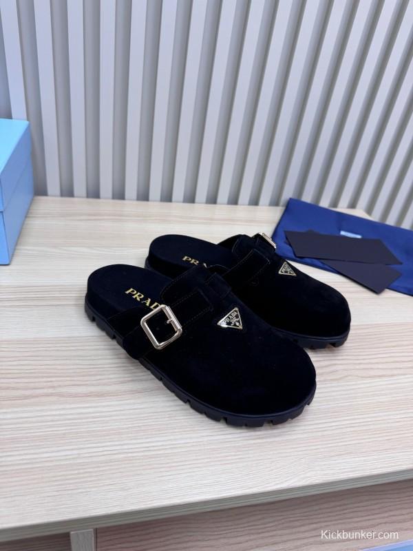 2025 Slippers Prada Black Suede Slippers LY00280