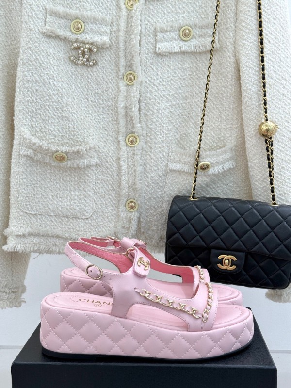 2025 Women Chanel Pink Lambskin Platform Sandals Chain Decoration
