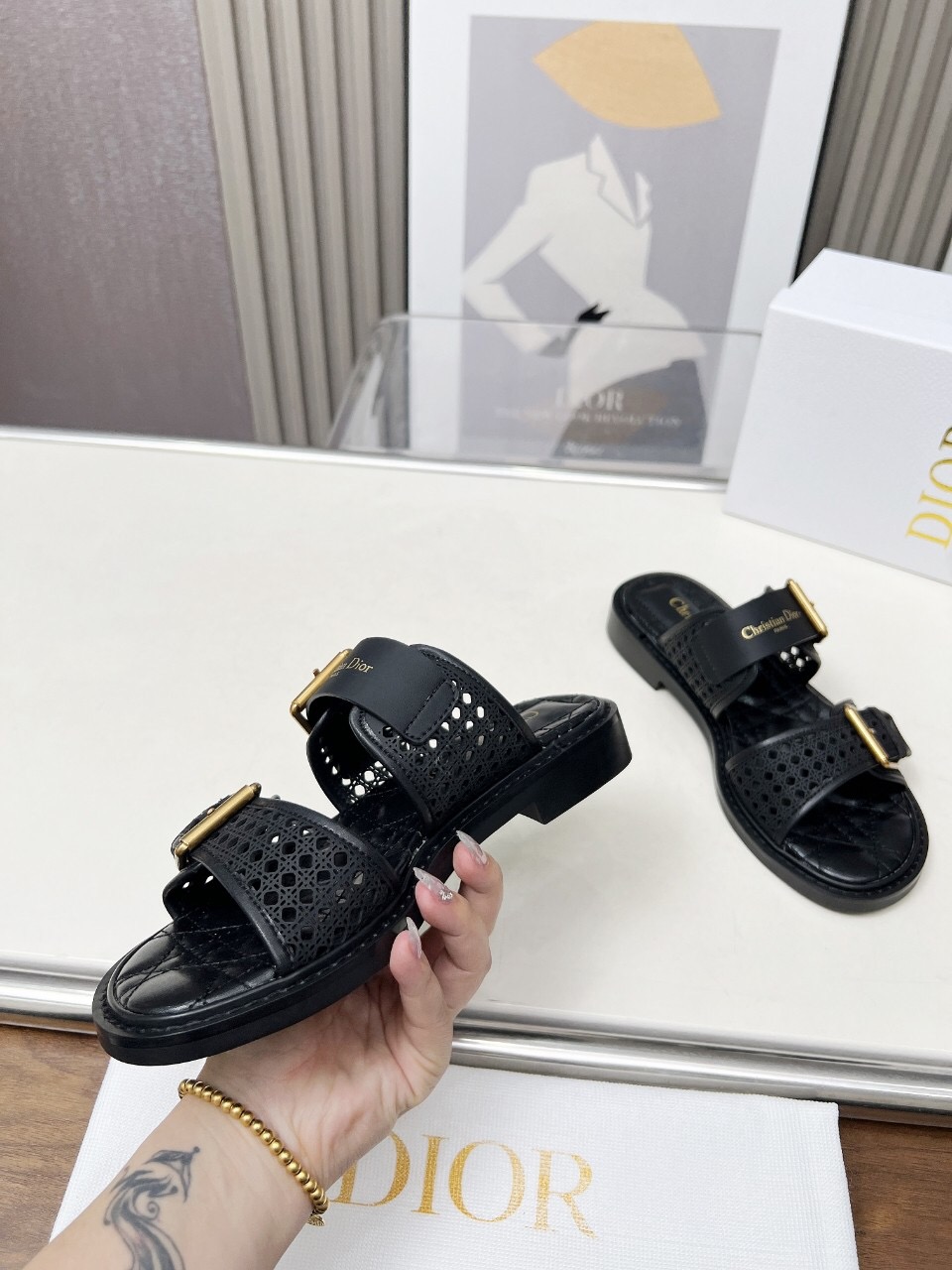 2025 Women Dior Black Leather Slippers
