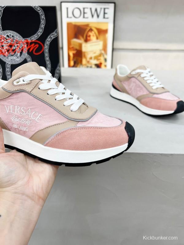 2025 Women VERSACE Pink Beige Suede Leather Sneakers Embroidery LY00320