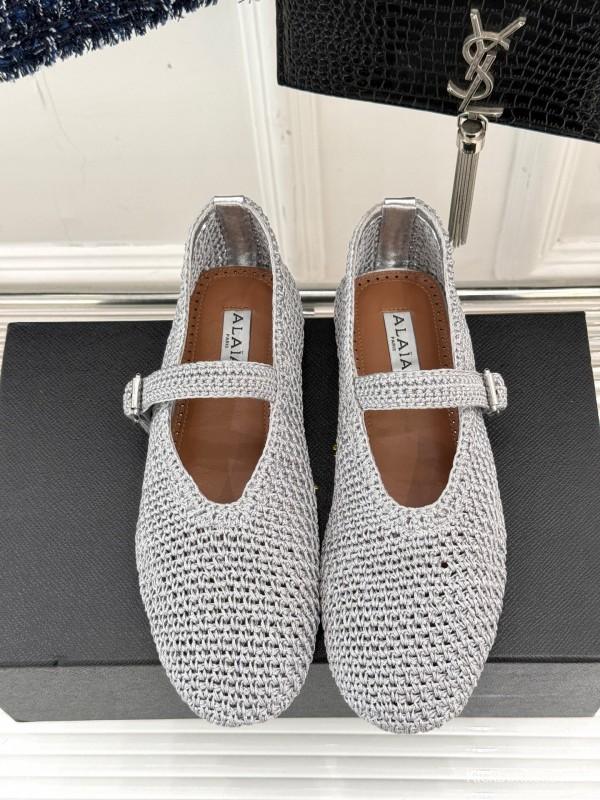 2025 Women AlAIA White Grey Knit Mary Jane Ballet Flat