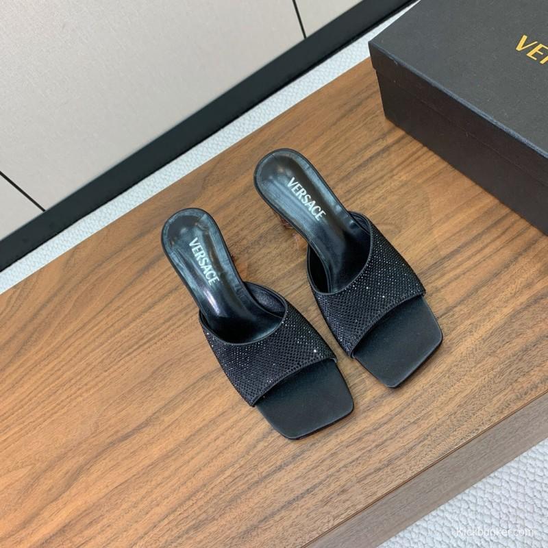 2025 Women VERSACE Black Silk Satin Slippers KFY00300