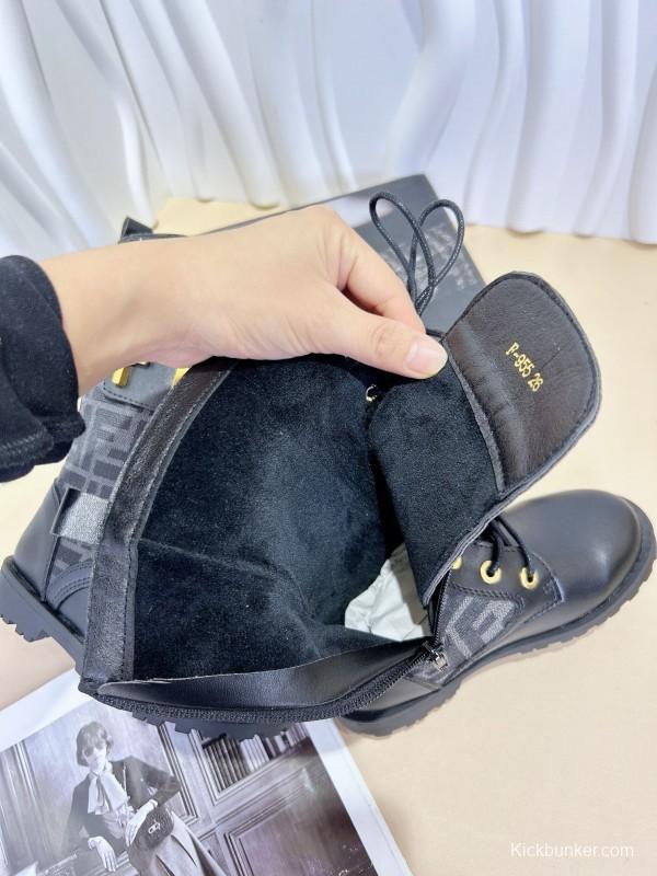 2024 Kids Fendi Black Brown Leather Fabric Boots