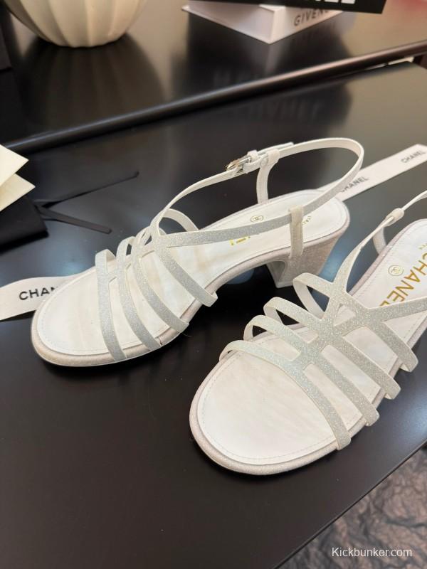 2025 Women Chanel White Leather Sandals