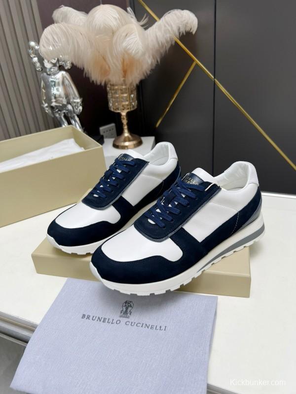 2024 Unisex Brunello Cucinelli White Navy Suede Leather Sneakers