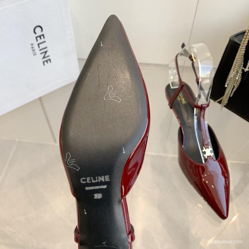2025 Women Celine Red Patent Leather T-Strap Low Heel