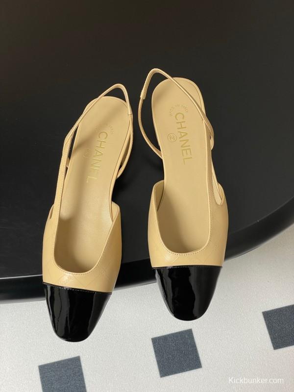 2025 Women Chanel Beige Black Leather Sling-back Flat Heel