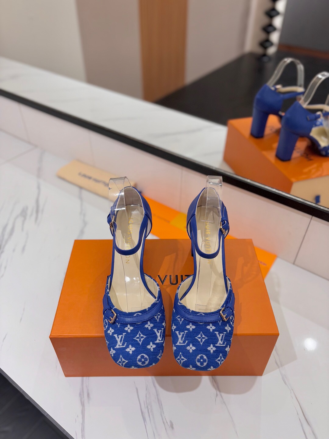 2025 Women Louis Vuitton Blue Denim Leather Heels KFY00310