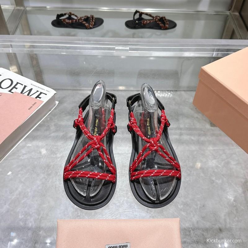2025 Women Miu Miu Red Black Leather Rope Sandals KFY00200