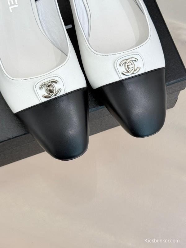2025 Women Chanel White Black Leather Slingback Heels