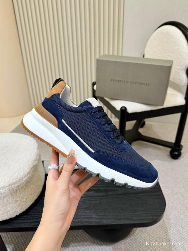 2025 Men Brunello Cucinelli Navy White Brown Calfskin Leather Sneakers AS00320