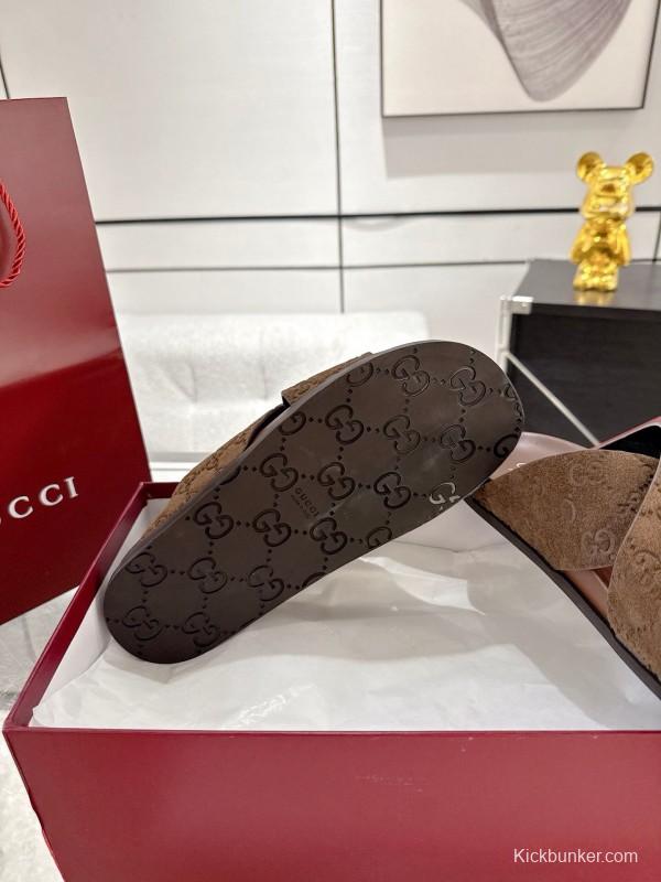 2025 Women Gucci Brown Suede Slippers GG Embossed AS00240