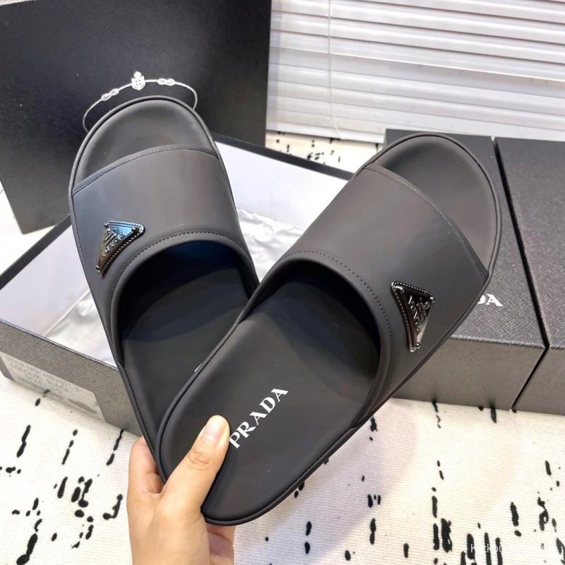2025 Men Prada Black Fabric Slippers Logo KFY00230