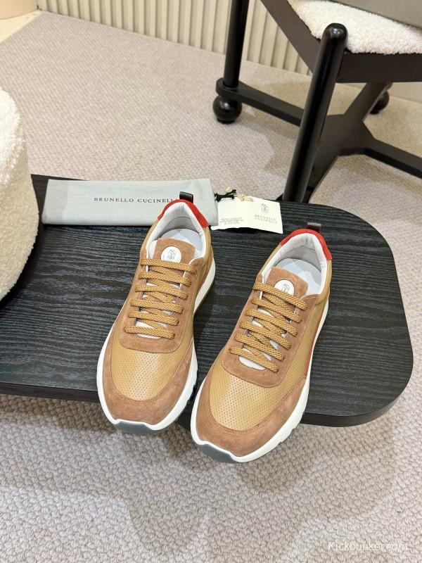 2025 Unisex Brunello Cucinelli Beige Brown Red Calfskin Mesh Sneakers AS00320