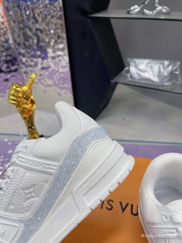 2025 Unisex Louis Vuitton White Leather Denim Trainers With Beads AS00400