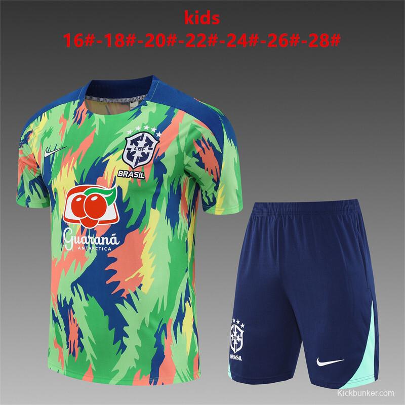 25/26 Kids Brazil Blue Green Camouflage Half Zipper Jacket+Long Pants
