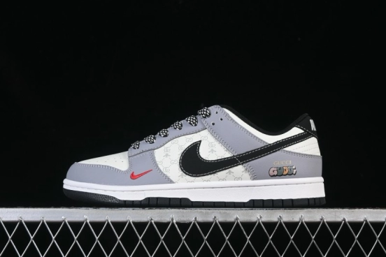 Nike SB Dunk Low Gucci Collaboration Light Grey Black Swoosh Anniversary Custom Low-Top Skateboarding Shoes - CS1688-134