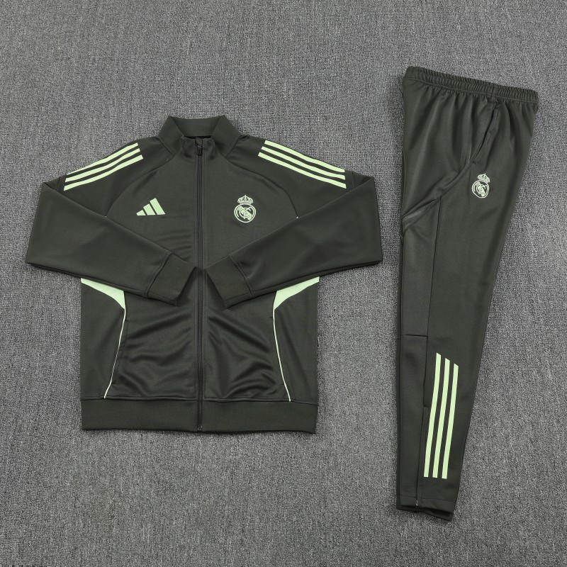 25/26 Real Madrid Dark Grey with Neon Green Stripes Half Zipper Jacket Tracksuit +Long Pants