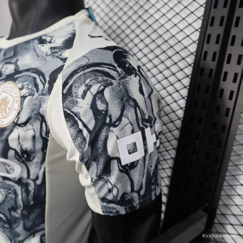 25/26 Player Version Manchester City White with Black Marble Abstract Art Pattern Jersey