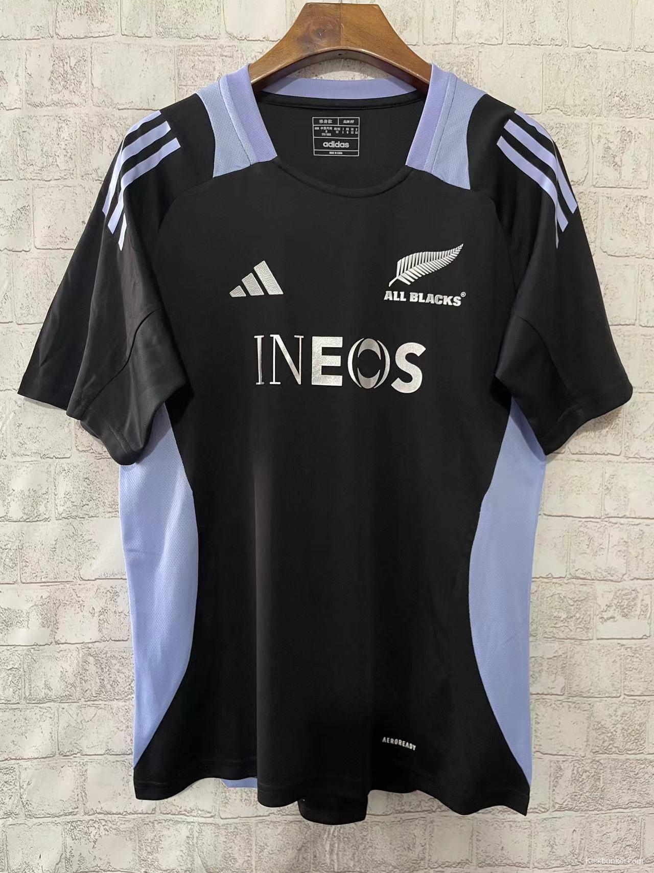 2024 New Zealand All Blacks Black with Light Blue Side Panels and Three Stripes Jersey