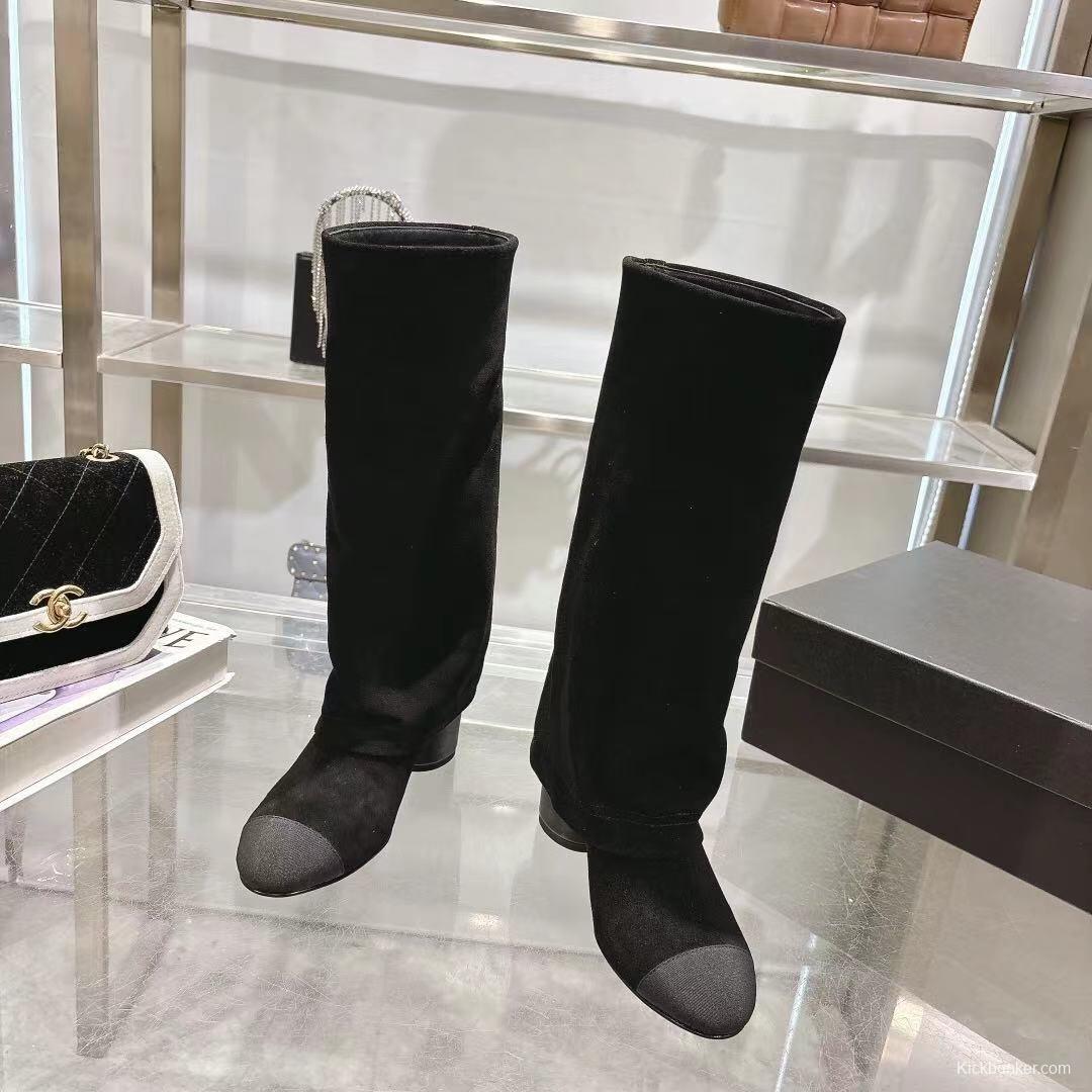 Chanel 2025/SS Small Fragrance Autumn Winter Runway Turned-Cuff Block Heel Straight Leg Boots - LY00510