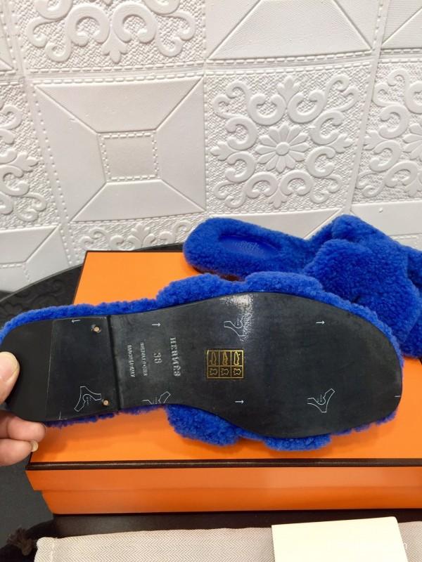 H Hermes Teddy Wool H Slippers Flat Sole Fur Slides - LY00240