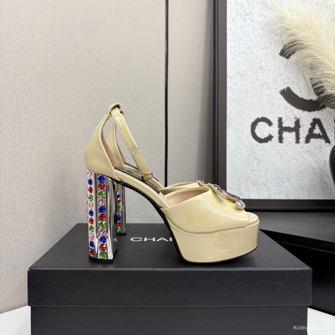 Adidas 2025/SS Little Fragrance Style Nightclub Color Diamond Chunky Heel Square Heel High Heel Waterproof Platform Back Strap Simple Sandals - KFY00350