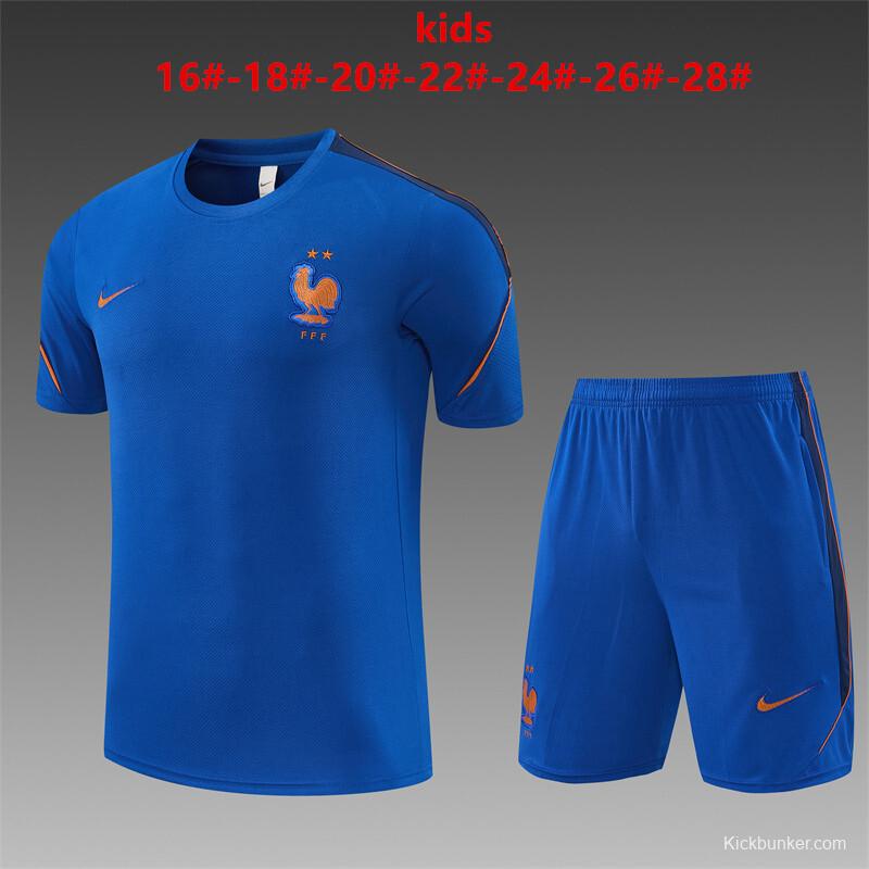 2026 Kids France Blue & Orange Short Sleeve+Soccer Shorts