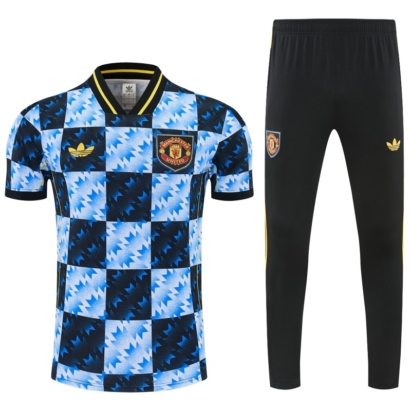 26/27 Manchester United Blue & Black Checkerboard Short Sleeve Tracksuit + Long Pants