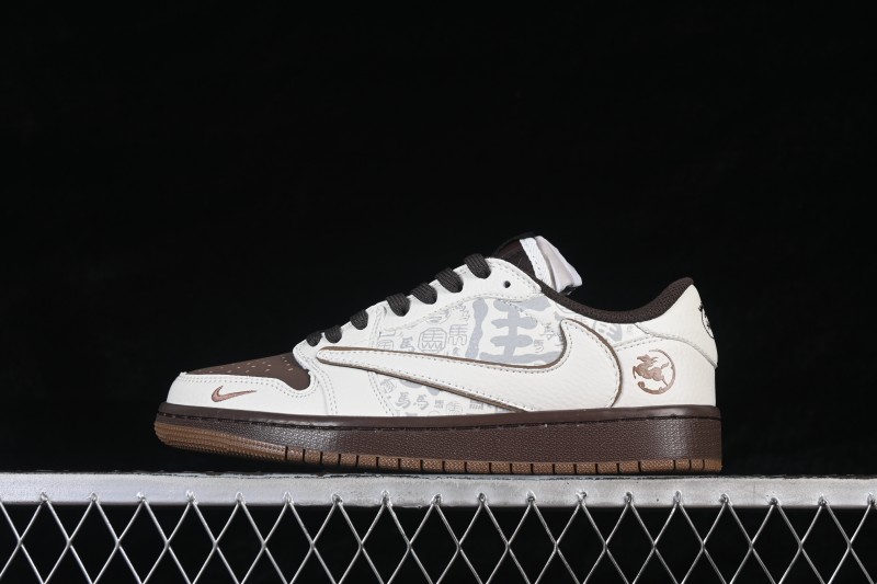 Nike Travis Scott x Fragment Design x Air Jordan 1 Low OG SP Limited Edition Brown White Cloud Pattern Casual Skateboarding Shoes - NH0601-061