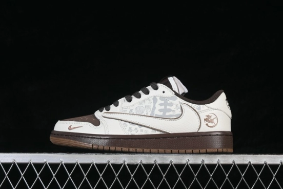 Nike Travis Scott x Fragment Design x Air Jordan 1 Low OG SP Limited Edition Brown White Cloud Pattern Casual Skateboarding Shoes - NH0601-061