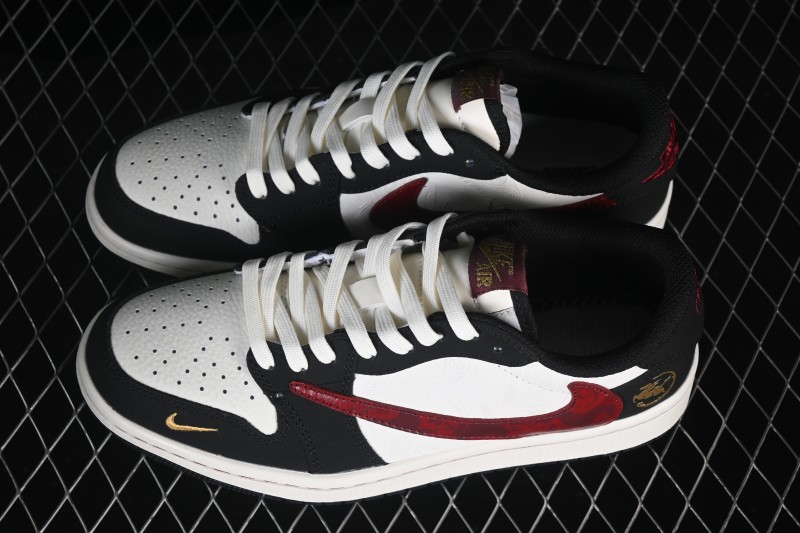 Nike Travis Scott x Fragment Design x Air Jordan 1 Low OG SP 'Cactus Jack' Black White Gold Limited Edition Low-Top Casual Skateboarding Shoes - NH0601-060