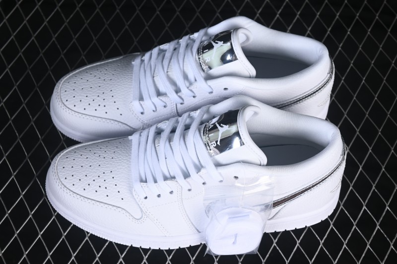 Nike Air Jordan 1 Low Retro Basketball Shoes with All-White Silver Swoosh - IQ9381-100