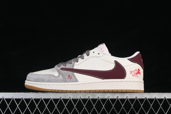 Nike Travis Scott x Fragment Design x Air Jordan 1 Low OG SP White Grey Wine Red Lifestyle Casual Sneakers - MY9969-802