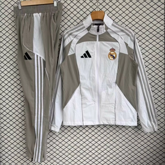 25/26 Real Madrid White with Grey Full zipper Jacket Tracksuit+ long pants