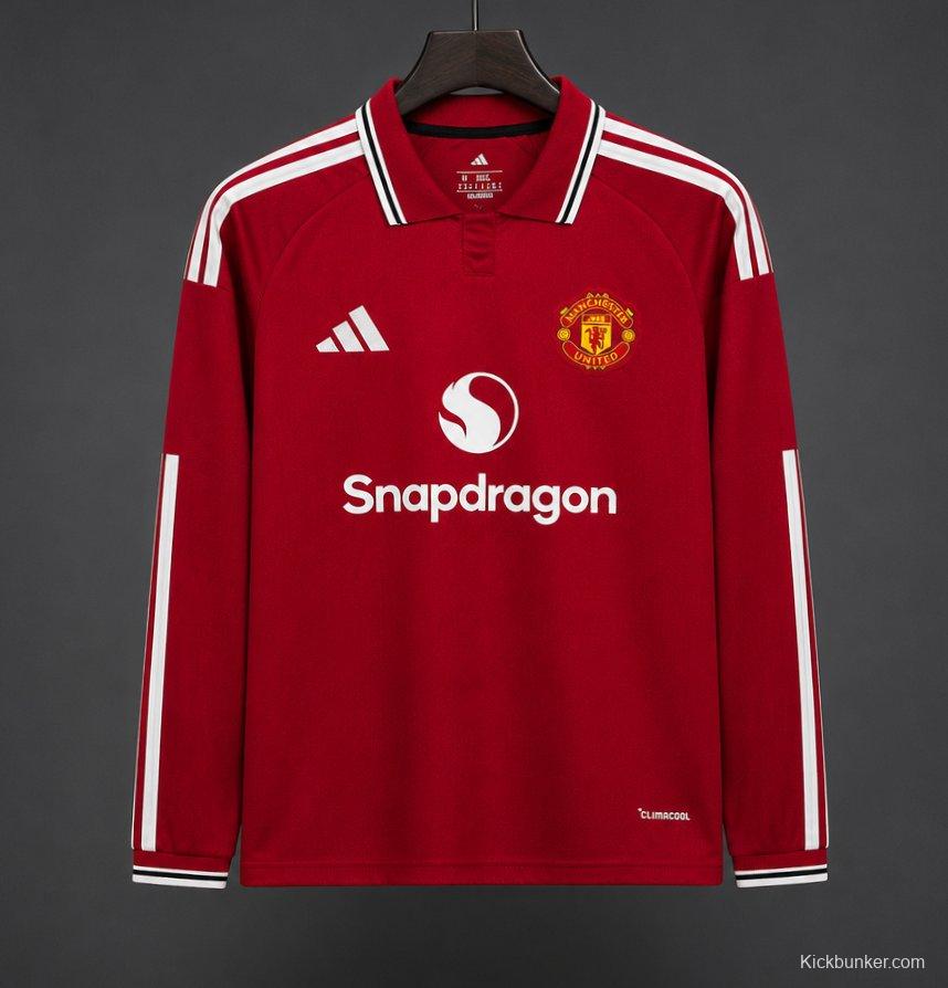 26/27 Manchester United Red with White Stripes Long Sleeve Home Jersey