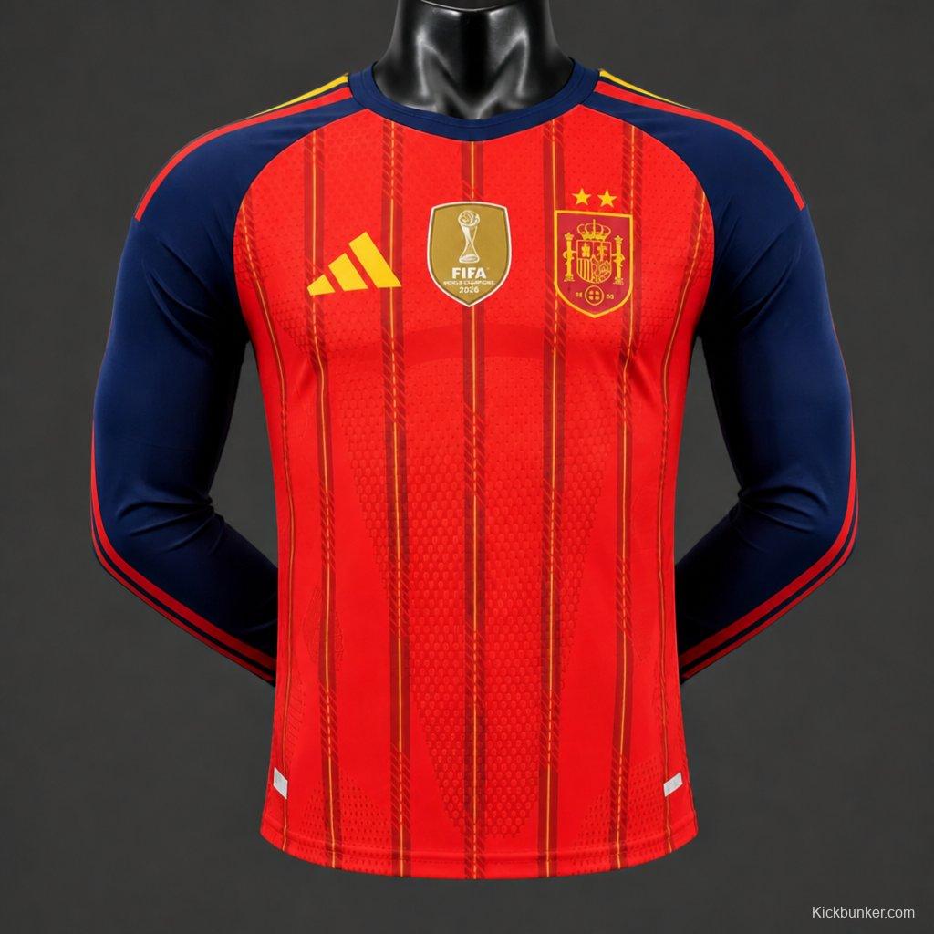 Player Version 2 Star 2026 Spain Home Long Sleeve Jersey With Champion Patch